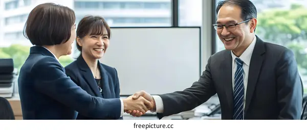 Businesspeople Shaking Hands and Smiling in Office Meeting