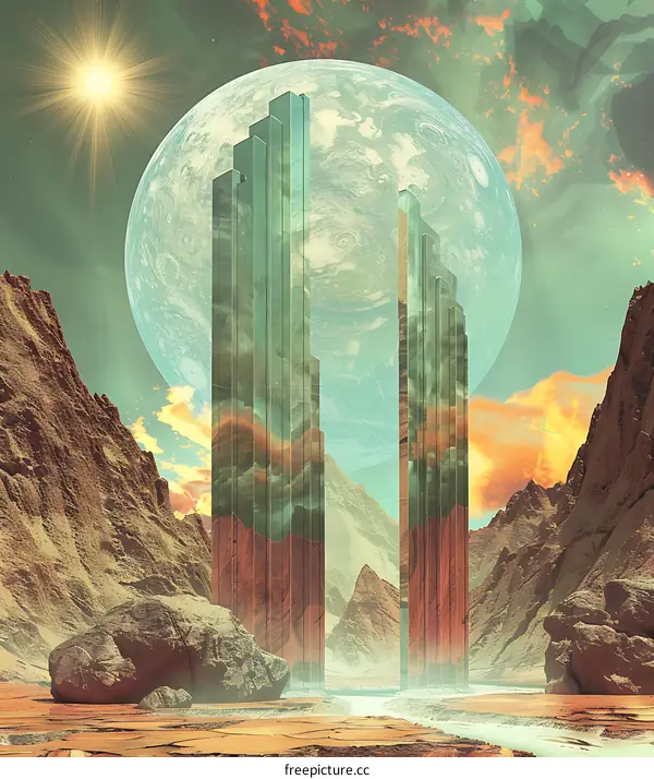 Futuristic Landscape with Twin Towers and a Giant Planet
