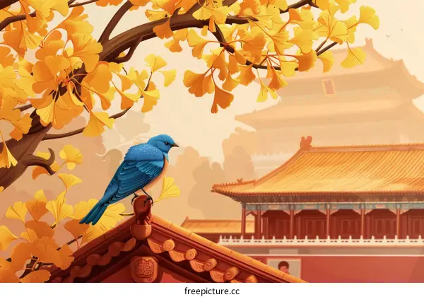 A blue bird on the roof of the Forbidden City in autumn