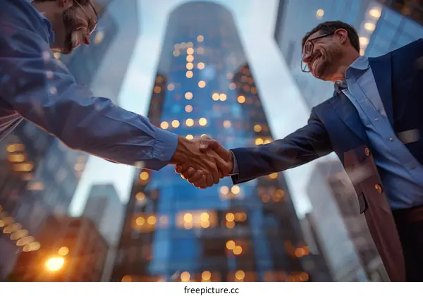 Two businessmen shaking hands in front of a skyscraper