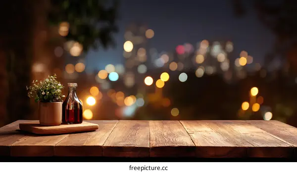 Wooden Table Top at Night with City Lights