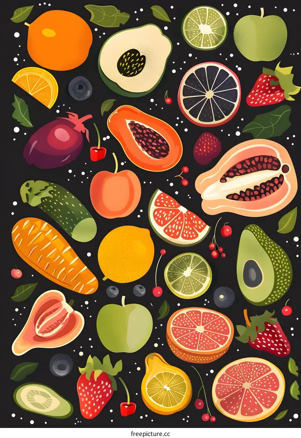 Colorful Fruit Illustration On Black Background