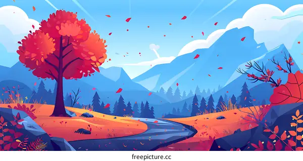 Autumn Landscape with Red Tree and Winding Road