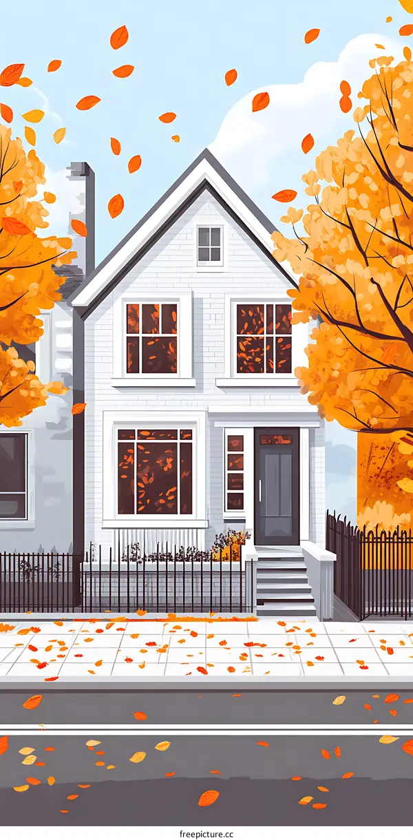 Autumn House with Falling Leaves Illustration
