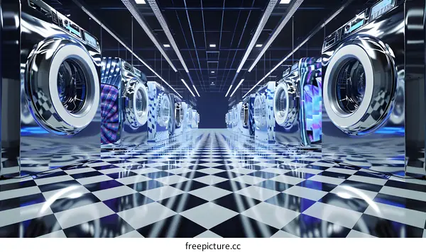Row of Chrome Washing Machines in a Laundromat