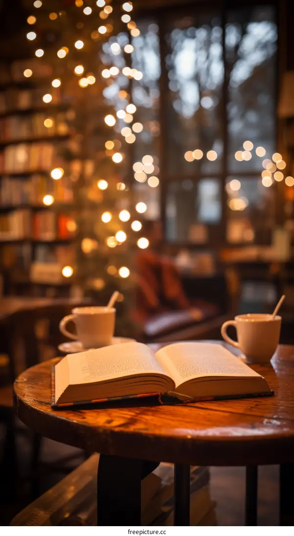 Coffee and Book on Wooden Table in Cozy Cafe Atmosphere