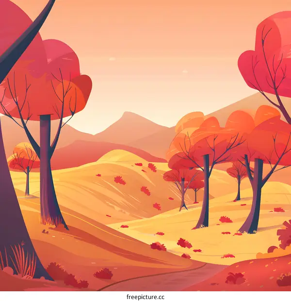 Autumn Landscape with Red and Orange Trees