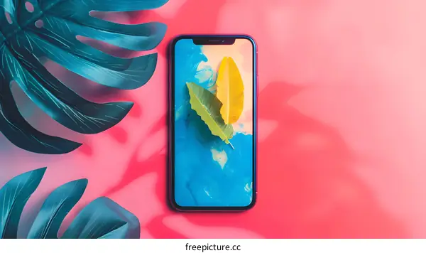 Phone With Leaves On Screen Against Pink Background