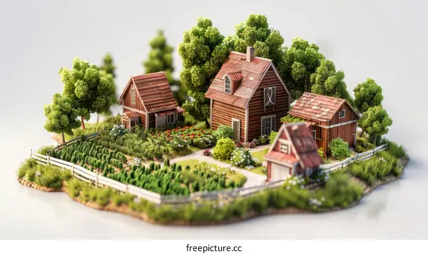 Small farm with red barn and garden