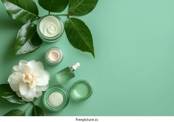 Natural skincare products with green leaves and white flower