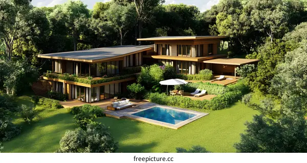 Modern Wooden House with Swimming Pool in Forest