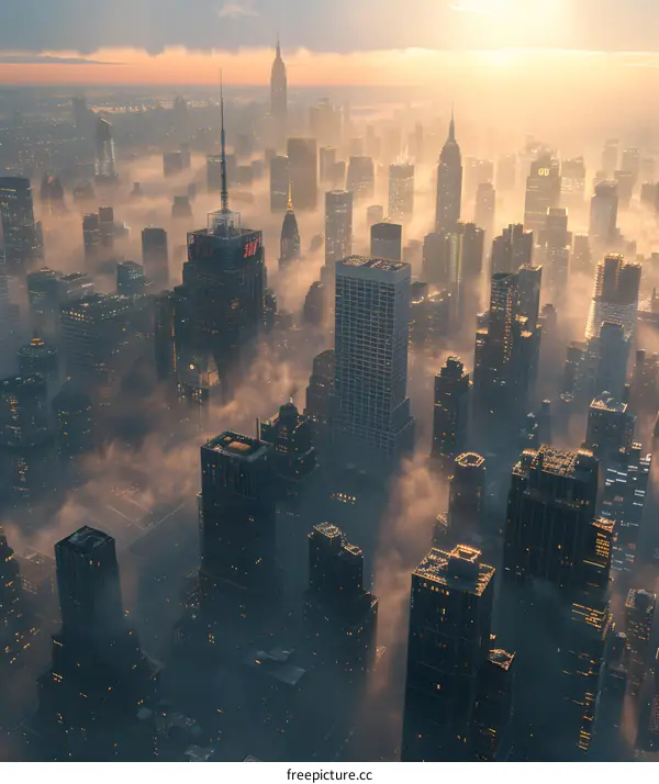 New York City skyline with skyscrapers shrouded in mist and clouds