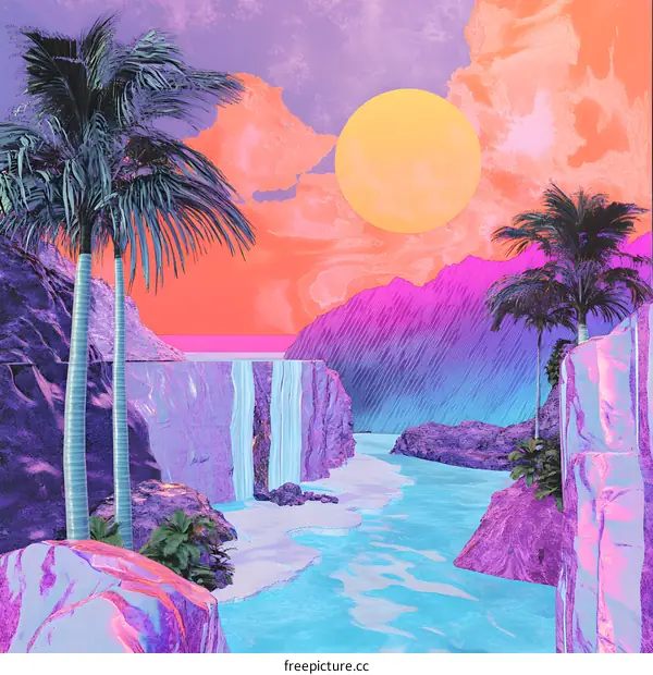Digital Art Illustration of A Neon Sunset with Waterfall and Palm Trees