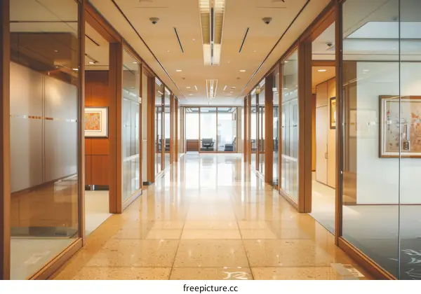 Modern Office Hallway with Glass Walls and Wooden Doors