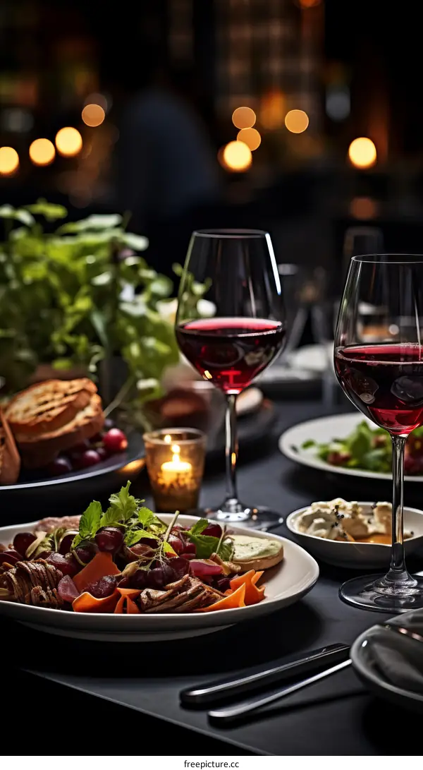 A delicious and romantic dinner for two with wine, salad, and bread