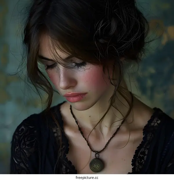 portrait of a beautiful young woman with freckles and brown hair wearing a black dress