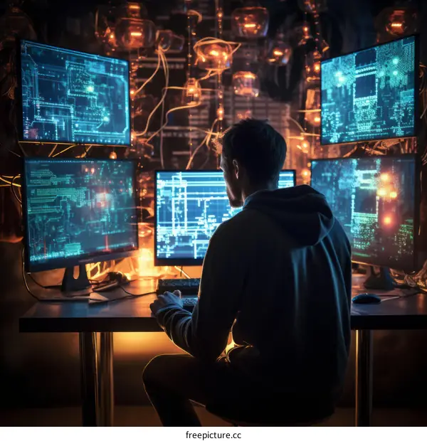 A hacker in a dark room surrounded by computers and screens