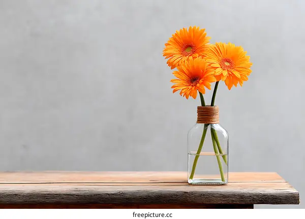 Orange Gerbera Flowers in a Glass Vase on Wooden Table