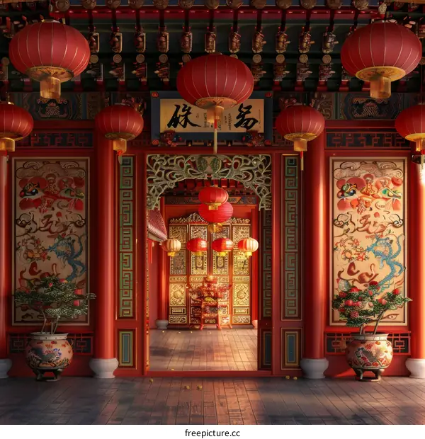 Traditional Chinese Courtyard with Red Lanterns and Carved Wooden Doors
