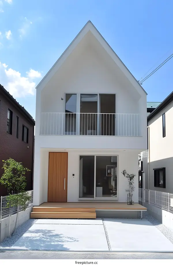 Modern White House with Wooden Door and Balcony