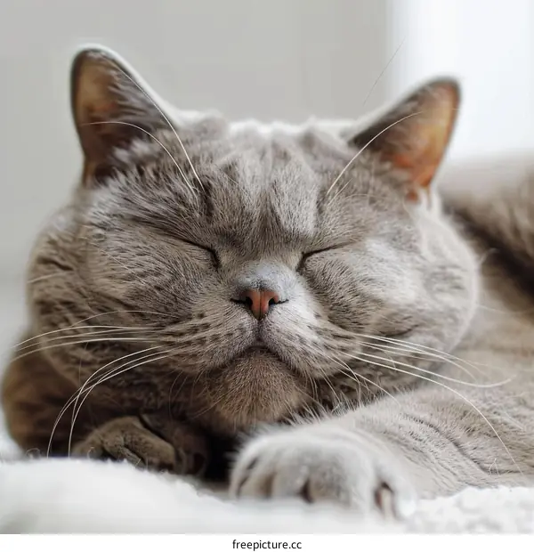 A gray cat is sleeping soundly on a white blanket