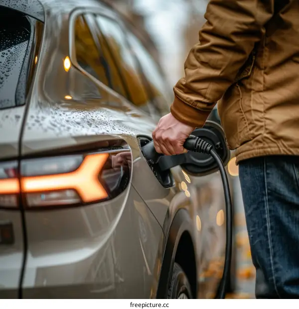 Man plugging in electric car