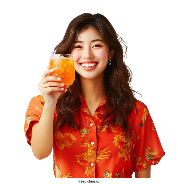 [Transparent Background PNG]Asian Woman Enjoying a Refreshing Drink