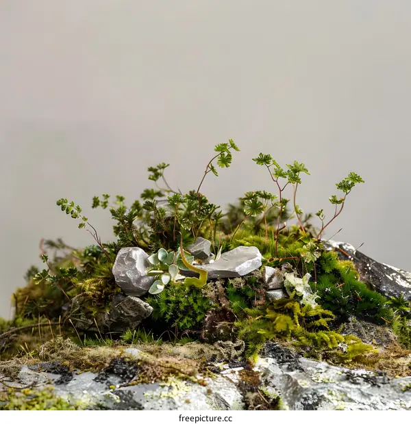 Tiny Green Plants Growing On A Rock