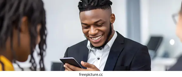African American Businessman Smiling at Smartphone in Office