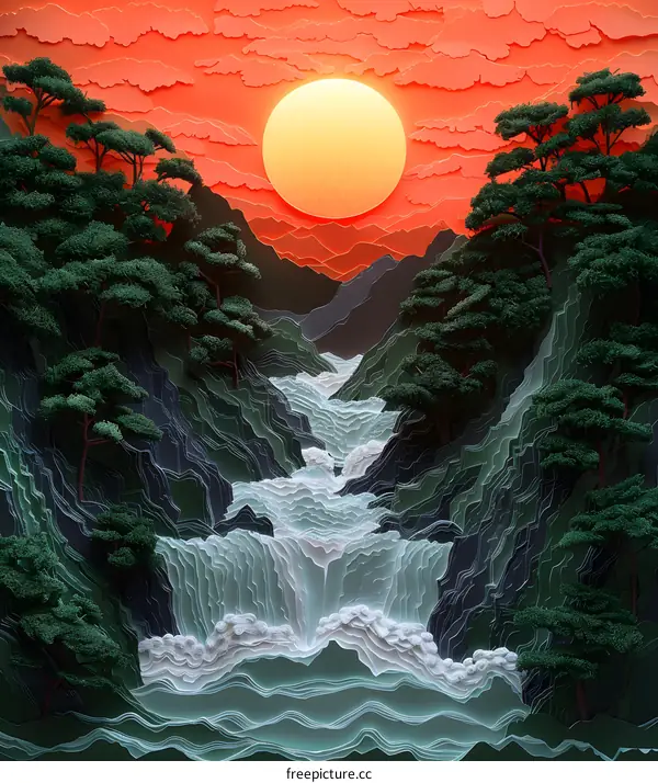 sunset over misty mountains and river valley