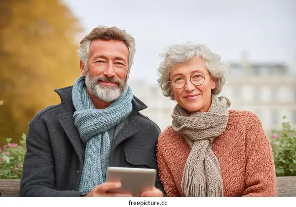 Senior Couple Enjoying Autumn Outdoors with Digital Tablet