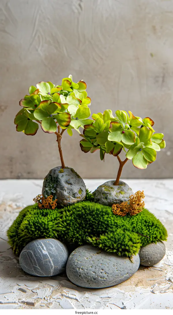 Two Green Plants on Rocks With Moss