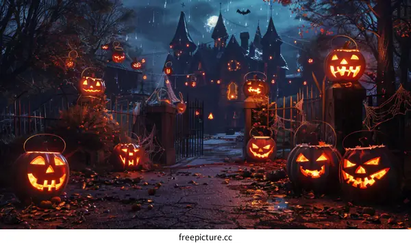 Spooky Halloween Pumpkin Jack-o'-lantern in a Haunted House