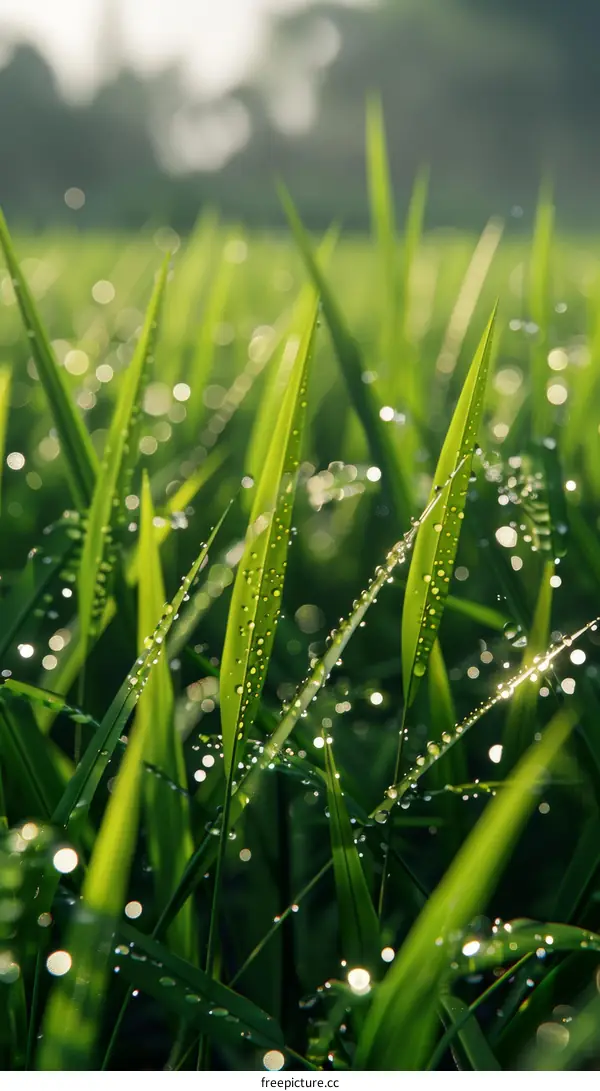 Close-up of green grass with dew drops