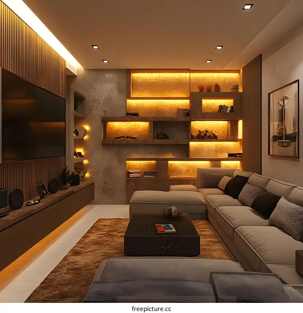 Modern Living Room Interior Design With Shelving And Sofa