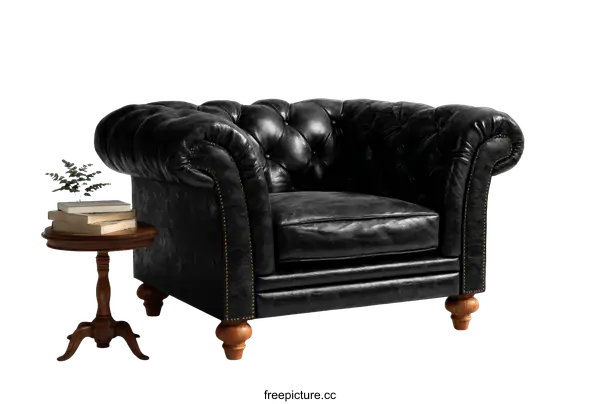 [Transparent Background PNG]Classic Chesterfield Armchair in Black Leather