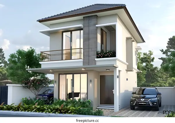 Modern Two Story House Design with Balcony and Car