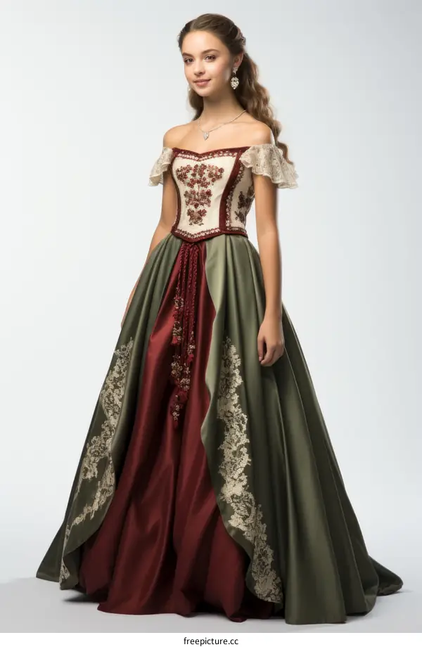 A young woman wearing a green and red historical dress