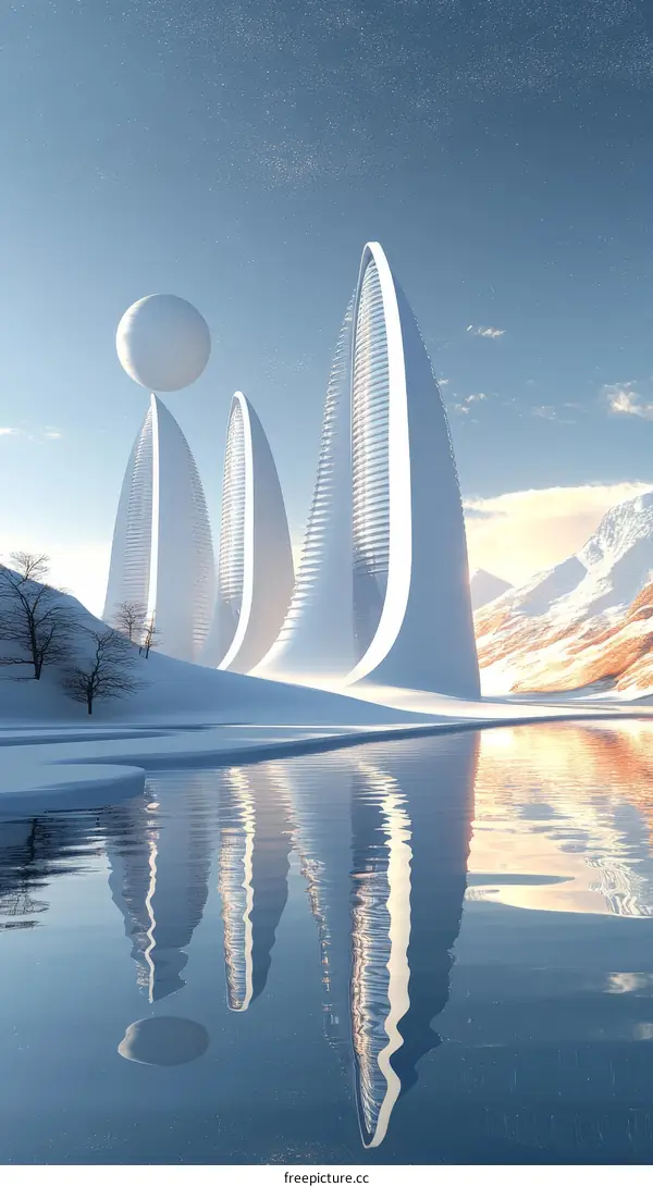 Futuristic Cityscape Reflection on Frozen Lake