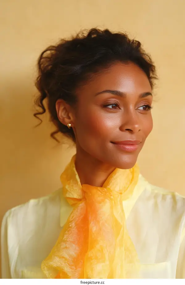 Woman in a Pale Yellow Blouse with a Vibrant Orange Scarf