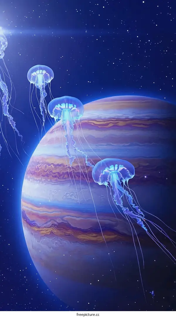 Glowing Jellyfish in Space with a Planet