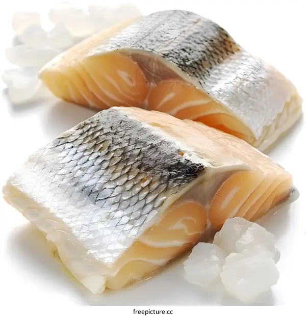 Two pieces of raw salmon fillet with skin