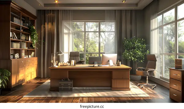 Office interior with wooden furniture and large windows