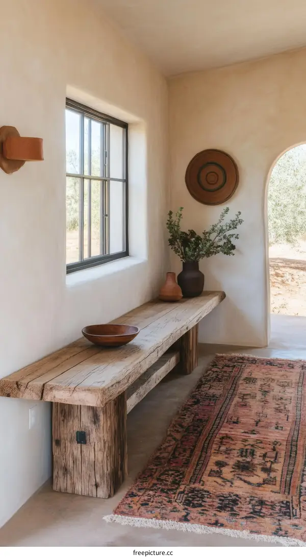 Rustic Wooden Bench in a Light Beige Interior