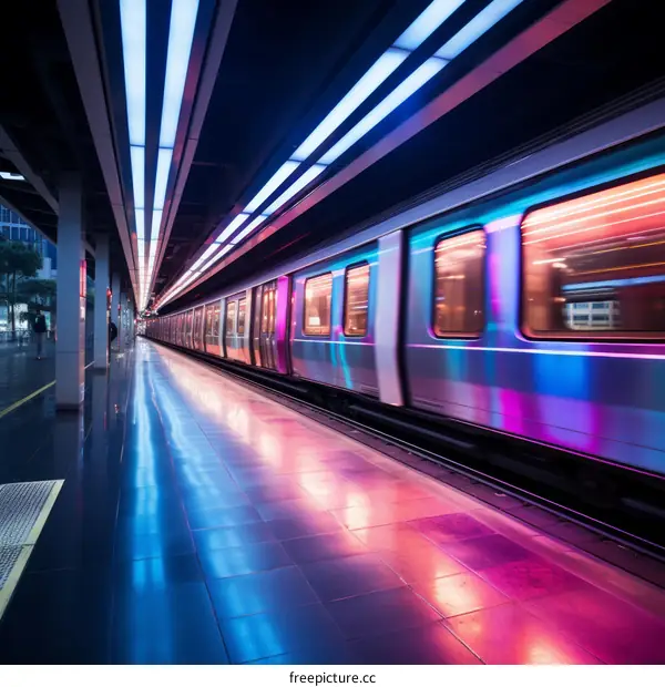 A subway train speeds through a modern station with colorful lights