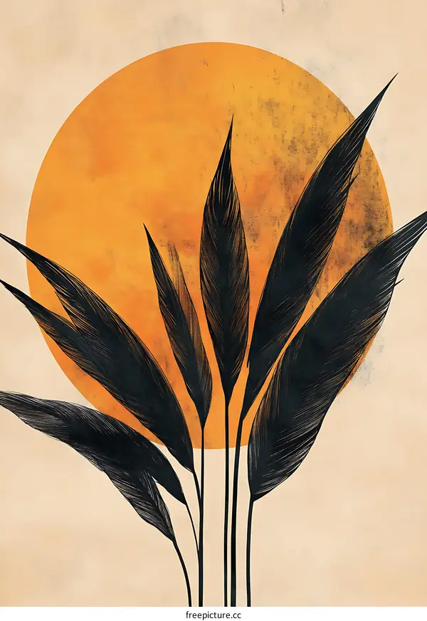 Tropical Leaf Silhouette with Orange Sun
