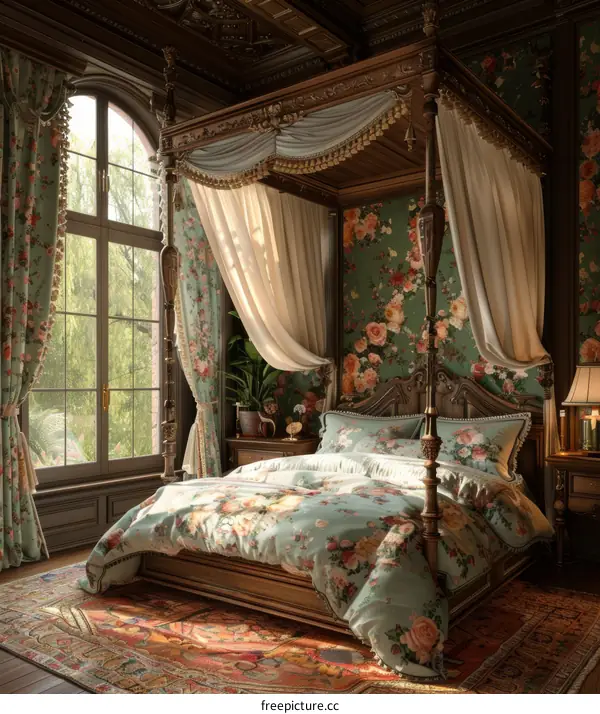 Vintage Floral Bedroom Interior Design Illustration
