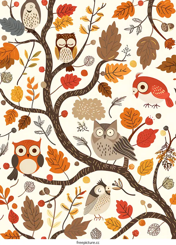 Autumn Owls And Birds On Tree Branches Pattern