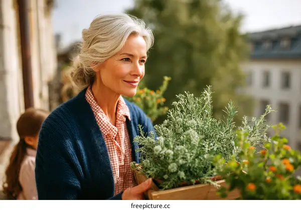Elderly woman gardening on balcony with plants