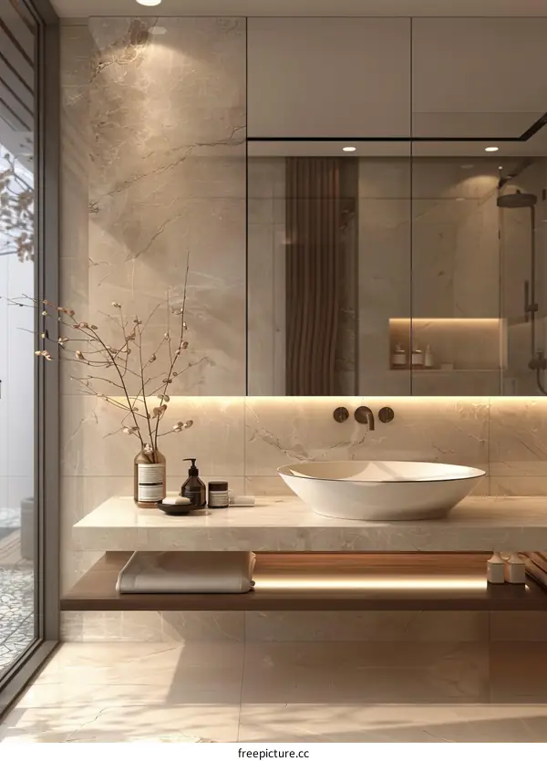 Modern Minimalist Beige Marble Bathroom Design
